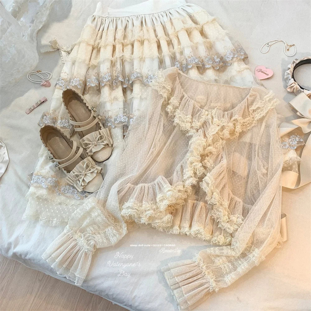 Cyflymder  See Through Long Sleeve Japanese Shrugs Autumn Mesh Ruffle Sweet Cropped Jacket Thin Air Conditioning Shirt Short Sun Protection