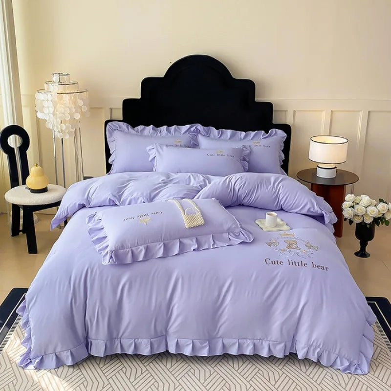 Cyflymder  French Embroidered Bed Skirt Bedding Sets Washed Cotton Knitted Bedclothes with Ruffled Edges Universal Size Textile Supplies