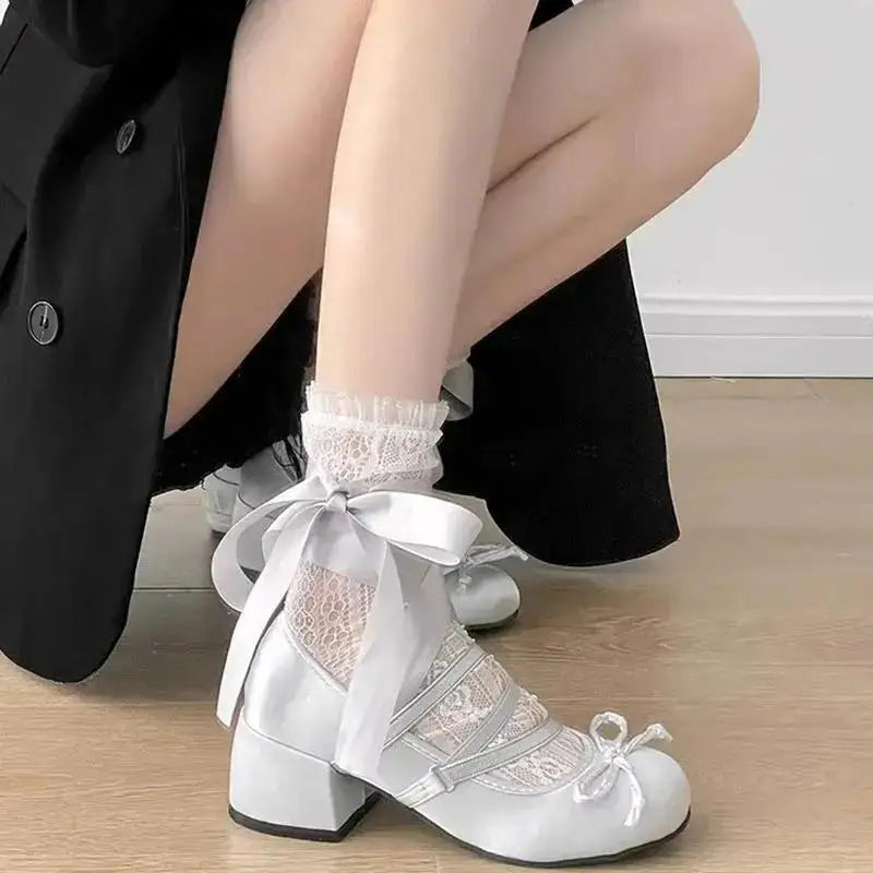 Cyflymder  Lolita Cross Strap Pink Round Toe Shoes Ladies Sweet Butterfly Knot Med Heels Mary Janes Shoes Women Fashion Party Shoes Mujer