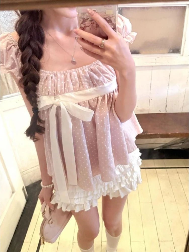 Cyflymder  Coquette Sweet French 2 Piece Set Women Puff Sleeve Square Neck Polka Dot Bow Blouse Ruffle Cake Shorts Casual Daily Outfit