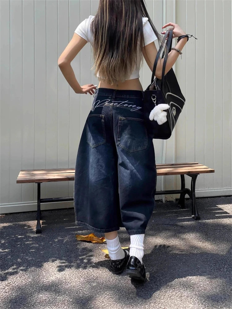 Cyflymder  Summer Cool Girl Wide Leg Letter Embroidery Denim Cropped Pants Women's Calf-length Jeans Female High Waist Capris Pants
