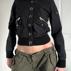 Cyflymder   Black Single-breasted Stand-up Jacket Women Casual Full Sleeve Coats Vintage 2000s Outwear y2k Outfits Autumn Cardigan