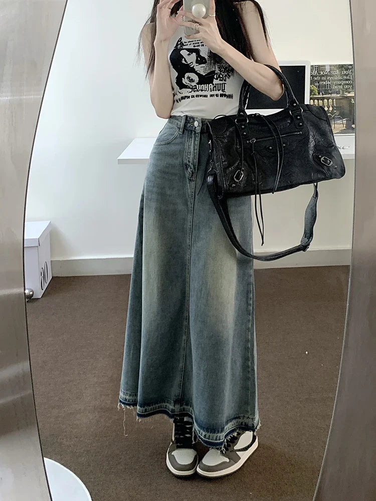 Cyflymder Y2k Raw Edge Stitch Maxi Denim Skirt Plain Casual High Waist Long Jeans Skirt Korean Dongdaemun Retro Women Streetwear