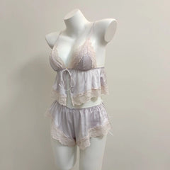 Cyflymder  French Sexy Women's Pajamas Sling Sleep Tops with Lace-up Shorts Two-piece Underwear Set Ice Silk Temptation Lingerie Summer
