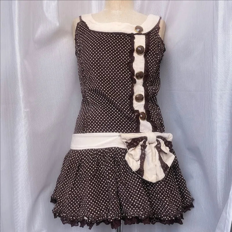 Cyflymder  New Y2K French Retro Polka Dot Print Summer Slim Dress Sweet Bow Appliques Sleeveless Dress Harajuku Buttons Design Punk Clothes