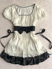 Cyflymder  French Sweet Summer High Street Square Collar Dress Spliced Constrast Color Lace Up Bow Appliques Clothe Y2k Harajuku Punk Dress