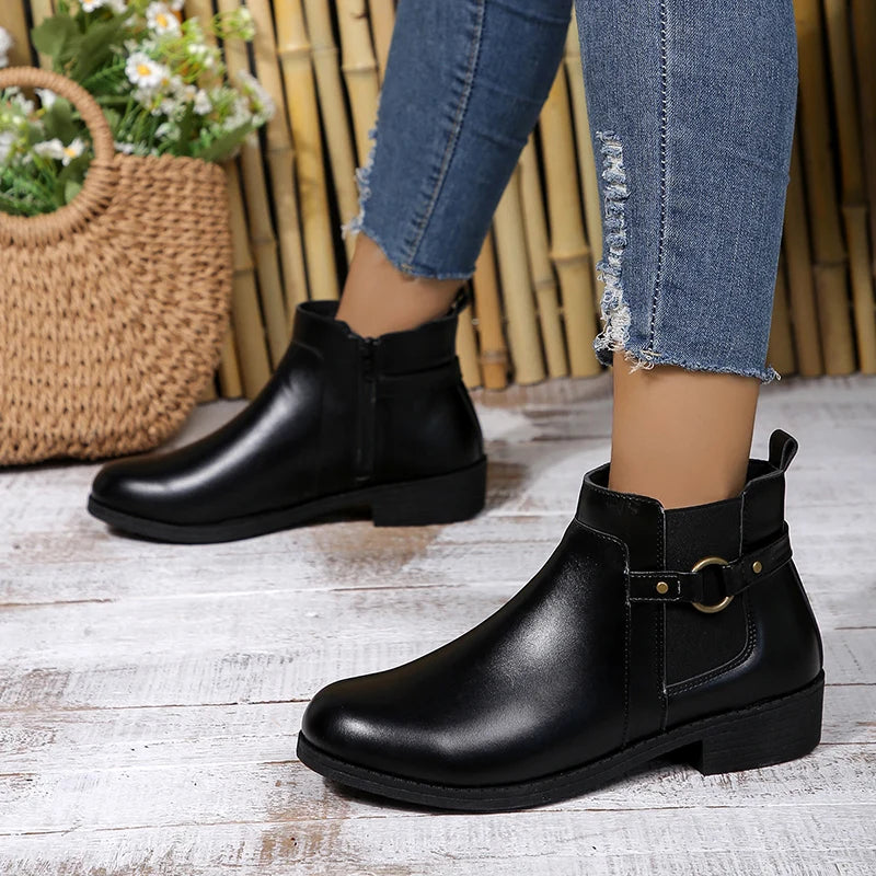 Cyflymder Pu Leather Classics Black Thick Heel Ankle Boots Metal Zipper Low Platform Woman Shoes Winter Round Toe Slip On Short Boots