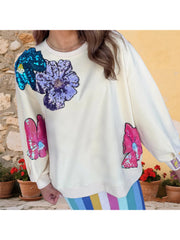 Cyflymder  Women s Casual Long Sleeve Round Neck Sequins Embellished Floral Print Pullover Sweatshirt for Spring and Autumn