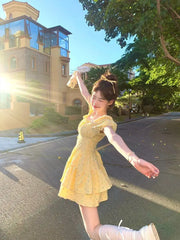 Cyflymder  Woman Dress Polka Dot Rainbow Ruffles Square Collar Puff Short Sleeve Elegant Mini Dresses Party Sweet Female Casual