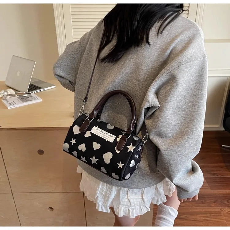 Cyflymder  Harajuku Style Heart Star Print Canvas Bag Women Sweet Cute Boston Bag Ladies Versatile Fashion Trendy Handbag Y2k Aesthetic New