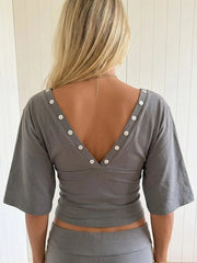 Cyflymder  Deep V Neck Button Trim Crop Top Solid Color Mid Sleeve Backless Sexy Slim Tee Casual Fashion Streetwear Women T Shirts