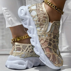 Cyflymder  Fashion Sequins Round-Toe Mesh Slip-On Shoes with Thick Heel Laces for Women Spring Loafers Women's Hot Platform Sneakers