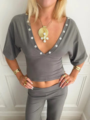 Cyflymder  Deep V Neck Button Trim Crop Top Solid Color Mid Sleeve Backless Sexy Slim Tee Casual Fashion Streetwear Women T Shirts