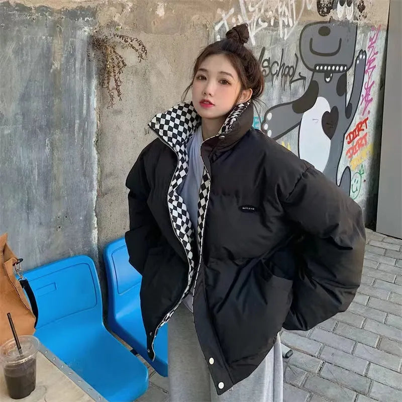 Cyflymder New Winter Down Cotton Jacket Women Zipper Loose Padded Coat Female Solid Thickening Warm Puffer Parkas Jackets Black White