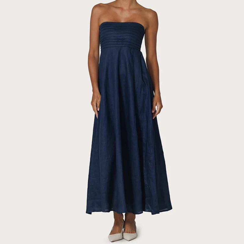 Cyflymder  Women Tube Maxi Dress Ruched Strapless Bodice A Line Long Dress Elegant Lady Sleeveless Flowy Summer Sundress