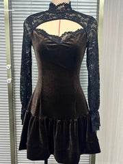Cyflymder  Spring Autumn Long Sleeve Elegant Velvet Lace Mini Dress Women's Clothing Casual Party Work Evening Office Lady Dresses