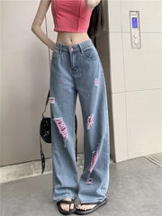 Cyflymder  Hot Girl Torn Jeans Women's Summer High Waisted Pink Ripped Loose Draped Demin Wide Leg Pants Fashion Casual Female Clothes