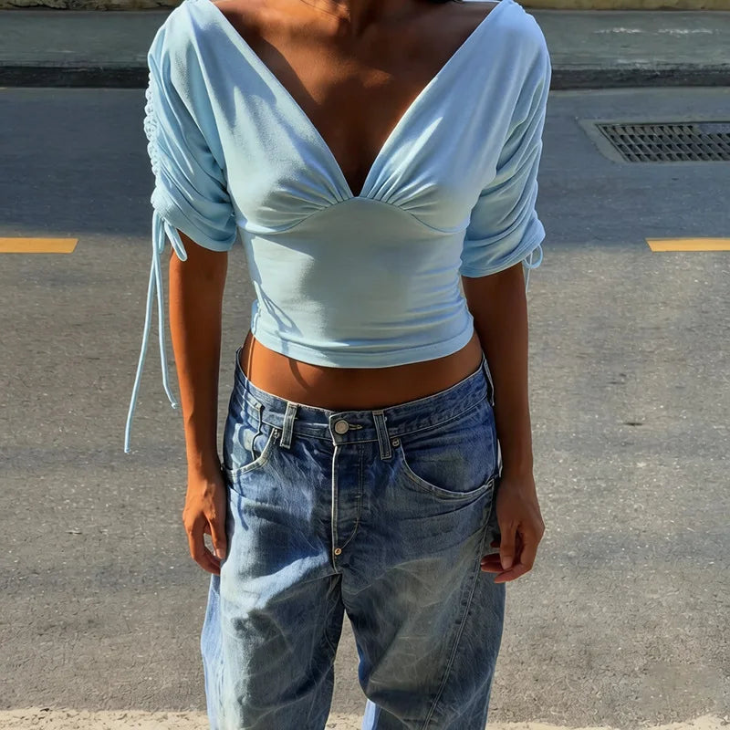 Cyflymder  Solid Color Drawstring Half Sleeve Crop Tops V Neck Off-shoulder Waist-cinching Slim T-shirt Streetwear Versatile Tees