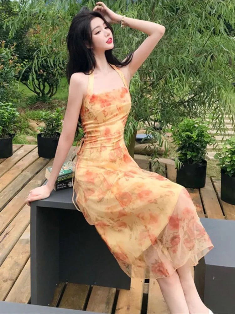 Cyflymder  Women Midi Floral Halter Slip Dress Summer Vintage Painting Flower Backless Casual Party Night Vacation Runway Vestidos