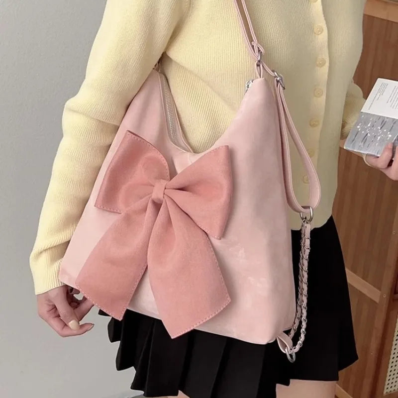 Cyflymder Pink Bow Womens Shoulder Bag Korean Style Fashion Large Capacity Sweet Backpack Cute Exquisite Elegant New Female Tote Bag