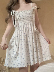 Cyflymder  White Dresses Women Summer Sleeveless Floral Pattern A-Line Spaghetti Strap Dress for Kawaii Girls