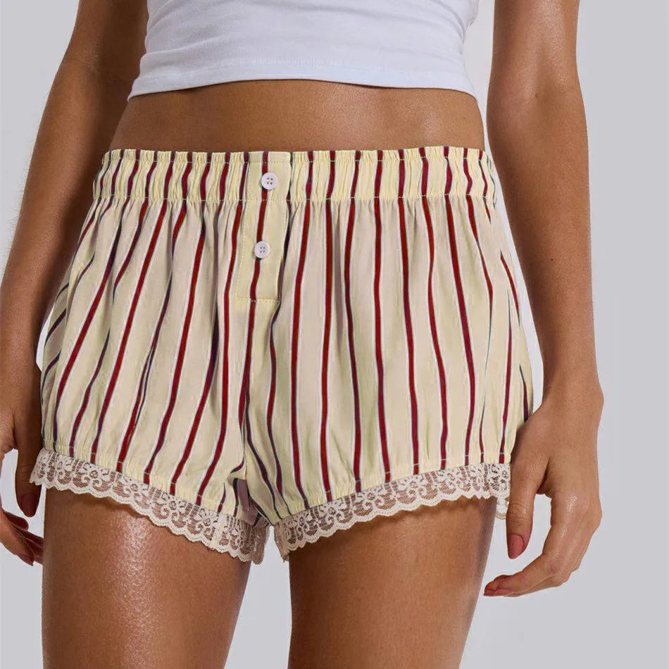 Cyflymder  Y2K Boxer Shorts Women Striped Gingham Lounge Pajama Low Elastic Waist Sleep Lace Trim Micro Short Pj Mini Pants