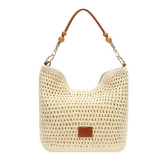 Cyflymder  Vacation Woven Bag with Leather Round Shoulder Strap, Hollow Shoulder Bag, Summer Knitted Beach Bag for Women Work Travel Party