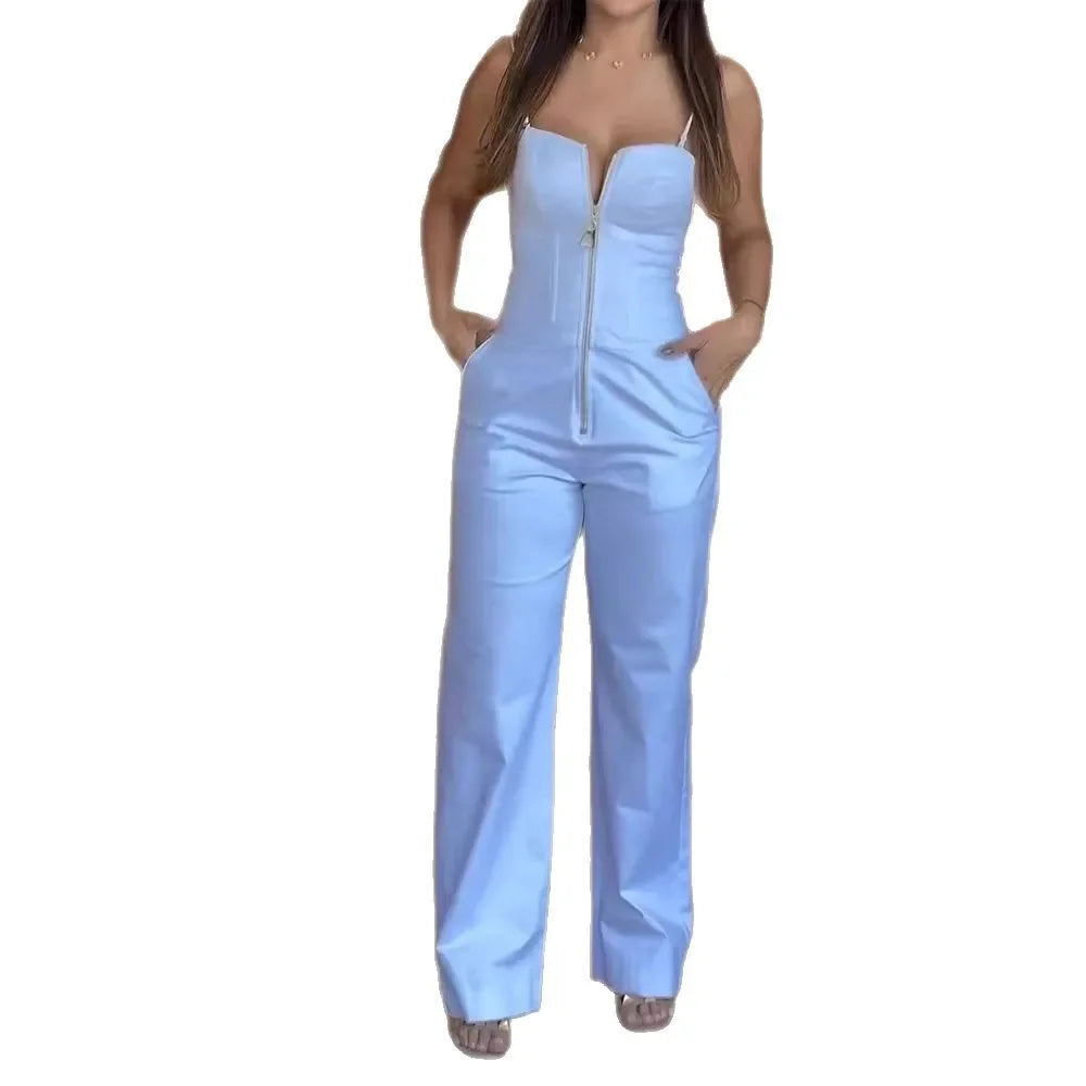 Cyflymder  Summer New Style Pure Color Belted Pocket Jumpsuit Slim Fit Strap Women's Romper Cross-Border Hot Sale Independent Station