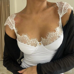 Cyflymder  Chic Sexy Eyelash Lace Trim Straps Low-cut V Neck Slim Fit Fashion Women Casual Solid Color Perspective Tank Top Vests