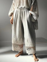 Cyflymder  Women Vintage Lace Pants Loose Straight Drawstring Pockets Trouses Summer Female Solid Linen Casual Retro Ethnic Pants