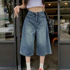 Cyflymder  Vintage Y2k Women Jeans Summer High Waist Distressed Capris Pants Boyfriend Harajuku Baggy Straight Wide Leg Pants With Pockets