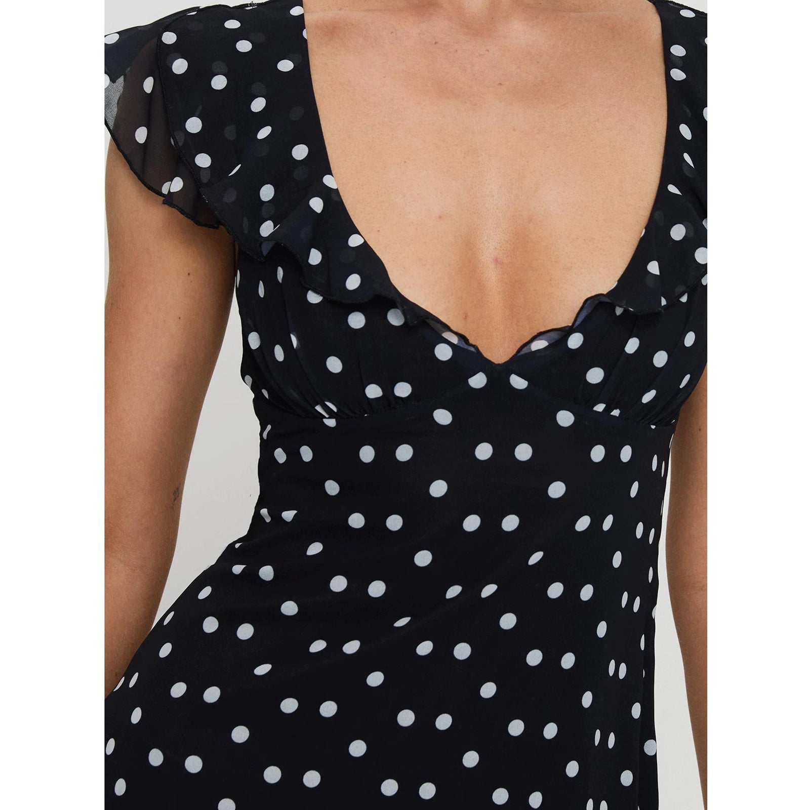 Cyflymder  Luxury Women Casual Dot Print Short Dress Lace Slim V Neck Flying Sleeve A-line Mini Dress for Daily Party Club