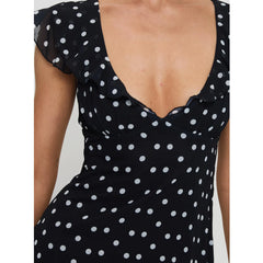 Cyflymder  Luxury Women Casual Dot Print Short Dress Lace Slim V Neck Flying Sleeve A-line Mini Dress for Daily Party Club