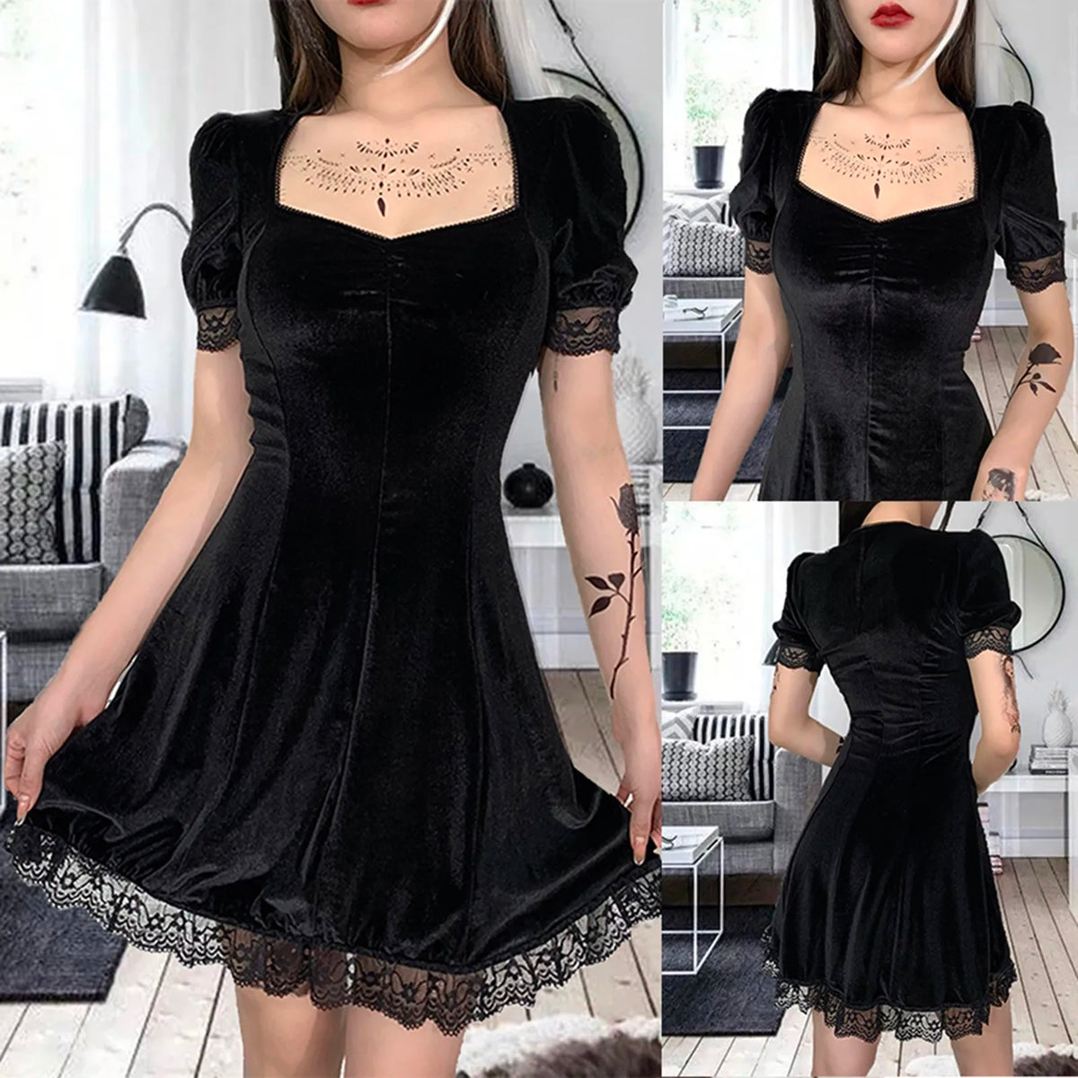 Cyflymder  Black Velvet Dress For Women Punk Style Halloween Short Sleeve Lace Gothic Dress Bodycon Pleated Low Cut Sexy Mini Dress