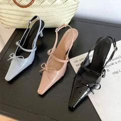 Cyflymder  Blue Patent Leather  Women Sexy Pointy Toe Bow Decorated Heeled Sandals Summer Elegant Slingbacks Dress  Pumps