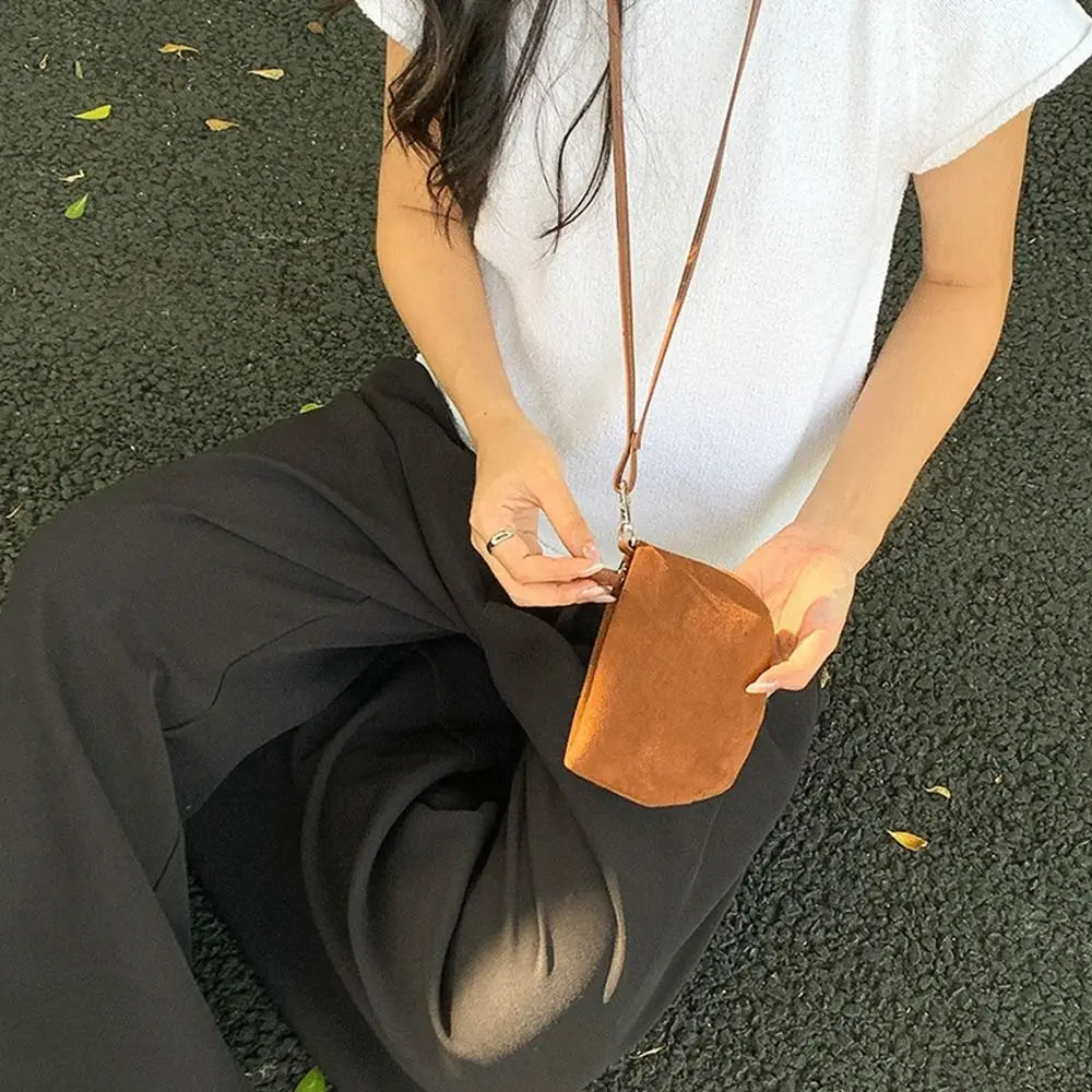 Cyflymder  PU Leather Suede Coin Purse Shoulder Bag Lipstick Earphone Pouch Mini Storage Bag Purse Card Holder Lanyard Wallet Outdoor