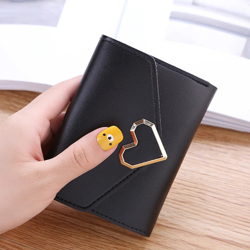 Cyflymder Fashion Heart Hasp Women Short Wallet Coin Pouch Solid Color Large Capacity Credit Card Holder Card Wallets Student Coin Purse