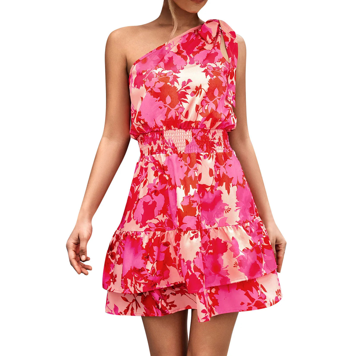 Cyflymder  Womens Floral Print One Shoulder Tiered Mini Dress Smocked Waist Sleeveless Ruffle Hem Flowy Summer Dress Party Dress For Women