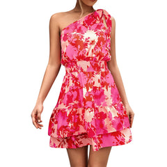 Cyflymder  Womens Floral Print One Shoulder Tiered Mini Dress Smocked Waist Sleeveless Ruffle Hem Flowy Summer Dress Party Dress For Women