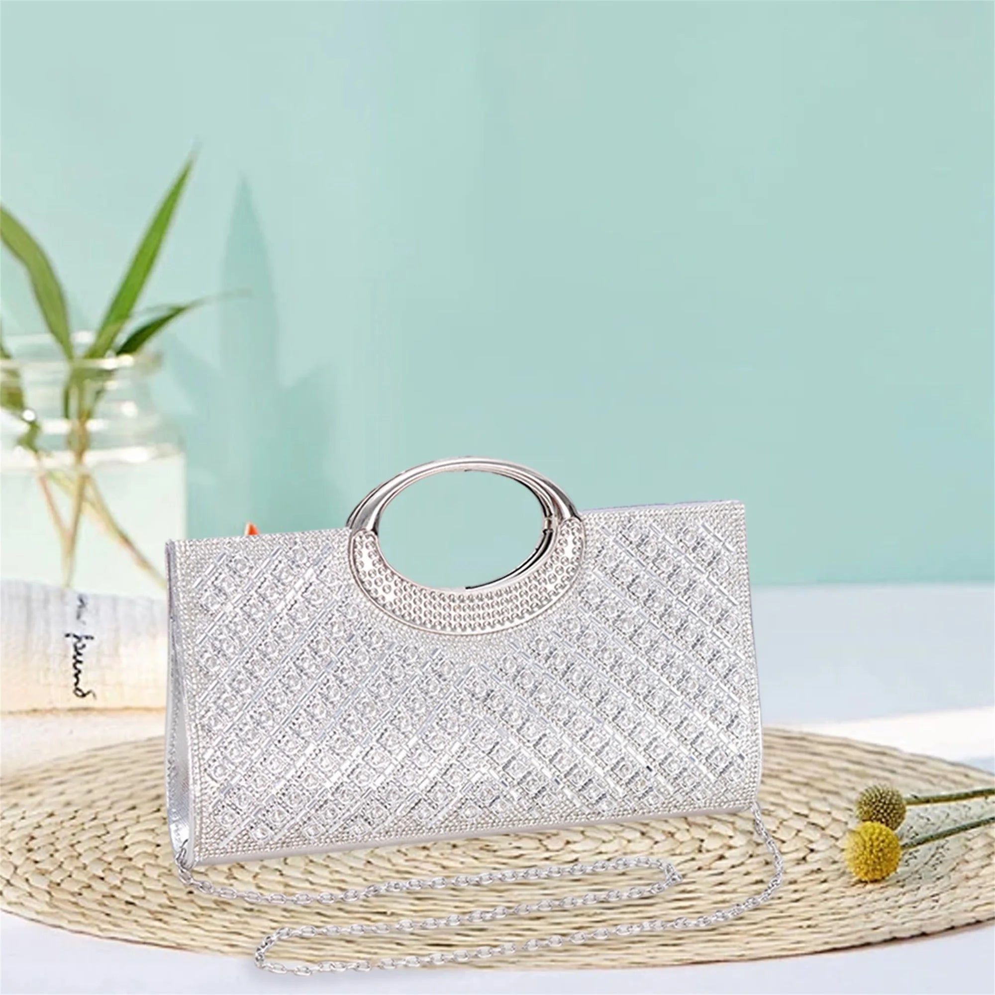 Cyflymder  Luxury Crystal Embellished Clutch Purse with Detachable Chain Strap and Matching Hairband for Special Occasions