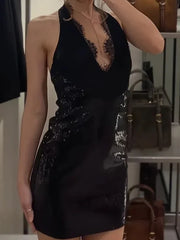 Cyflymder  Sexy Lace Splicing Draped Club Party Dress Elegant V-neck Street Spice Girl Dress Women Fashion Hollow Shinny Solid Mini Dress