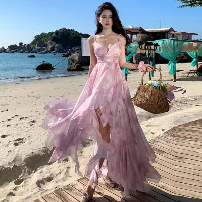 Cyflymder  Women Elegant Pink 2025 Spaghetti Strap Fashionable Long Dress Summer Beach Holiday Party Floral Dresses Sweet High Waist Robe