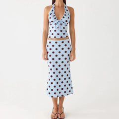 Cyflymder  Women Coquette 2 Piece Skirt Set Dot Print Ruched Tie Front Halter Neck Tank Tops + Bodycon Midi Skirt Y2k Outfits
