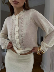 Cyflymder  Knitwear Commuting Round-Neck Sweater Cardigan Women Hollowed Out Pleats Solid Cropped Outwear Knit Female Cardigan Top