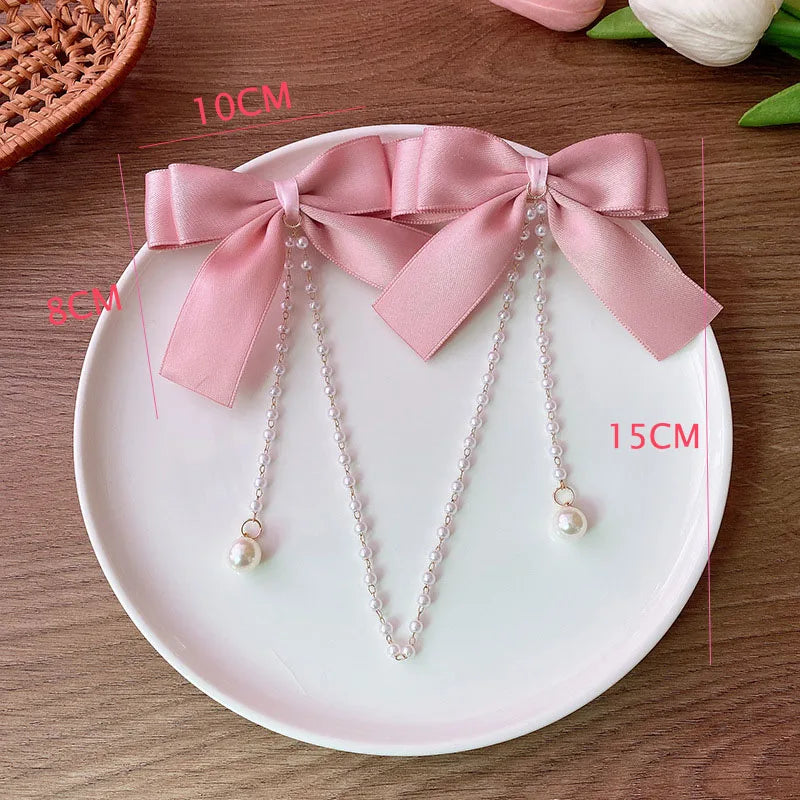 Cyflymder Sweet Princess Style Pink Pearls Chain Bow Hair Clip Women Children's Cute Back Head Hairpins Hair Clips Girls Hair Accessories