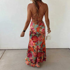 Cyflymder  Casual Sleeveless Backless Tie Up Dress Summer New Low Cut Pleated Evening Dress Fashion Hot Girl Irregular Floral Printed Dress