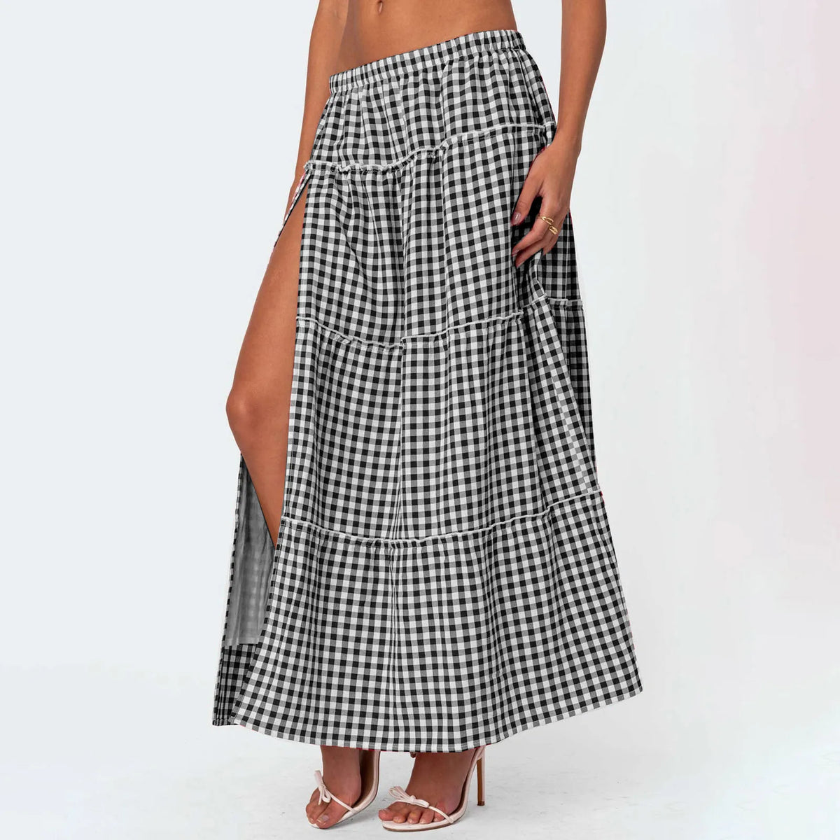 Cyflymder  Fashion Women Summer A-Line Skirt Casual Plaid Print High Split Elastic Waist Skirt for Beach Vacation Club Streetwear
