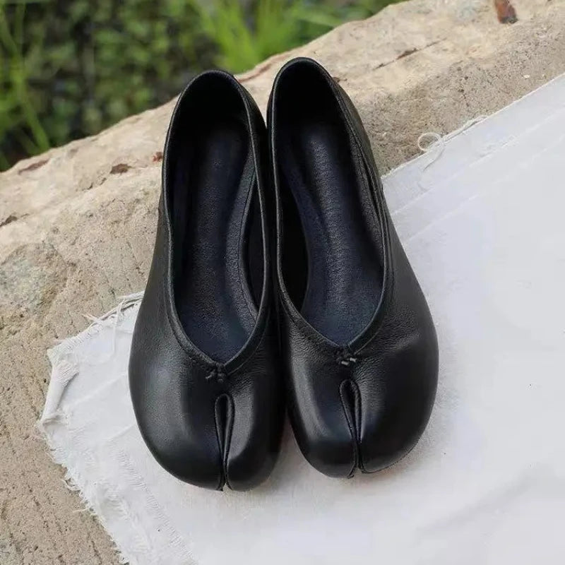 Cyflymder  Sheepskin Version Women's Ballet Flats Round Toe Color Block Casual Shoes Fashionable Pig Foot Single Shoes Low Heel Flat Bottom