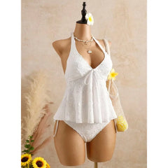Cyflymder   Women's Chic Solid Color Jacquard Swimwear V Neck Halter Backless Lace Up Bikini Set Split Bathing Suit New Sexy Beachwear