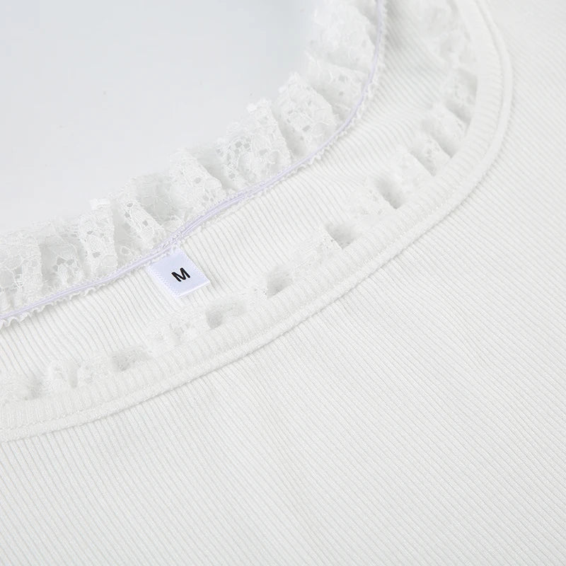 Cyflymder  Casual Lace Trim Folds T Shirt With Scarf Sweet Slim Solid Square Collar Short Sleeve Tees Women 2025 Summer Fashion